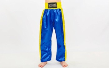 Штаны для кикбоксинга детские MATSA KICKBOXING MA-6732 (полиэстер, 6-14 лет, рост 122-152см, синий-желтый)